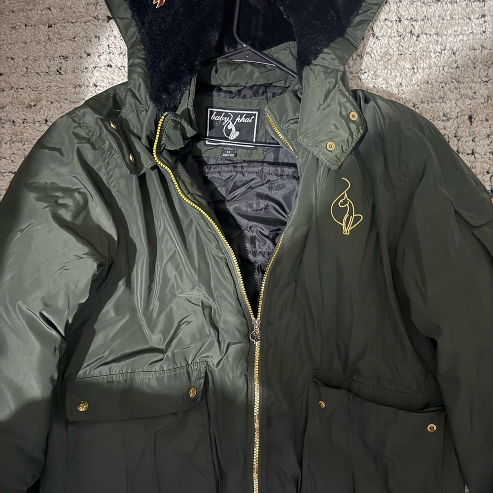 Vintage 90s Y2k Baby Phat Split Hood E Crop Fit Bomber Jacket green Faux Fur 3X - Picture 5 of 9